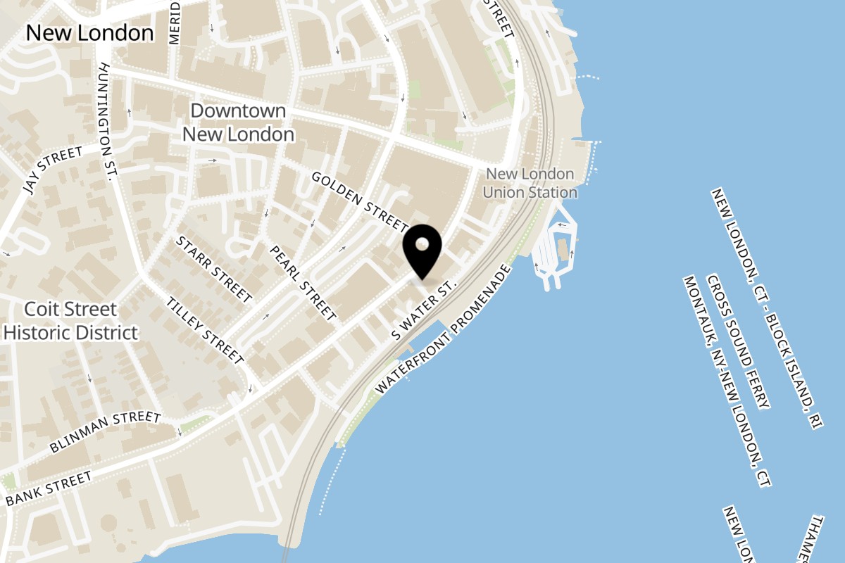 Map showing the location of Favorites Bistro Bar on 90 B Bank St in New London